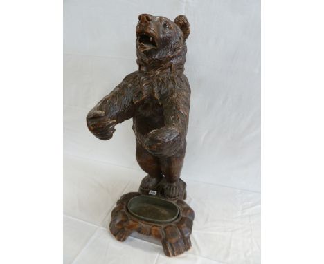 Early 20thC Black Forest carved wooden bear stick stand 33" tall