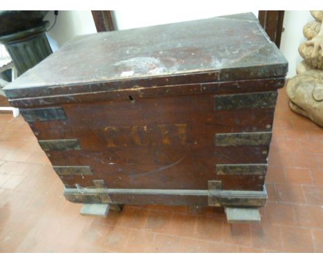 19thC Steel strapped cabin trunk on stand 