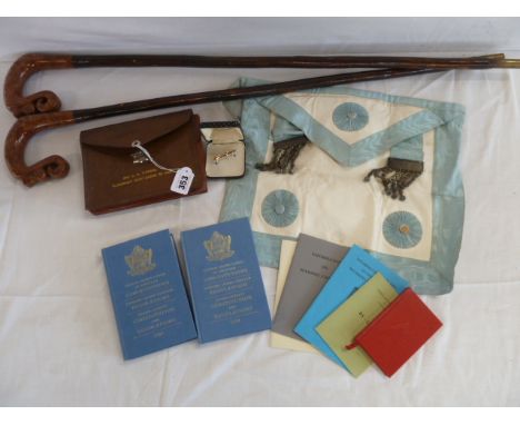 Grand Lodge masonic books, sash in leather case, pair of walking sticks etc