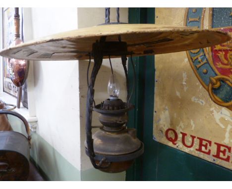 Hanging electrified wrought iron and brass oil lamp 