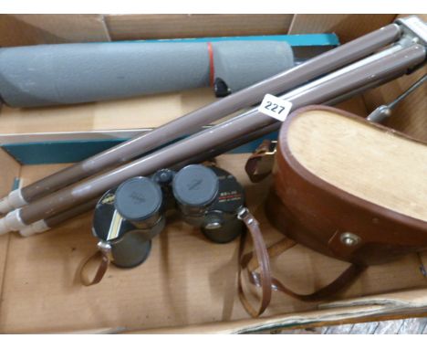 Swift binoculars in leather case, Kowa spotting scope, Tudor tripod 