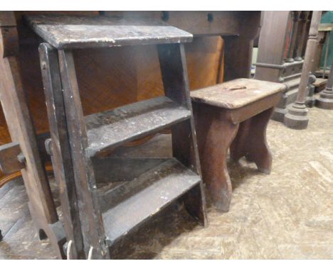19thC pine work stool and step ladder (2) 