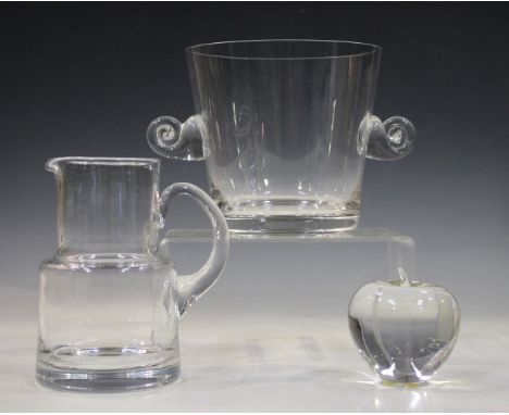 Three pieces of Tiffany &amp; Co glassware, comprising an ice bucket, a water jug and a model of an apple, together with a Ba