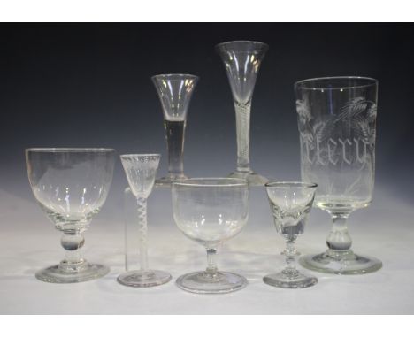 A small group of glassware, 18th, 19th and early 20th century, including an airtwist stem wine with drawn trumpet bowl, heigh