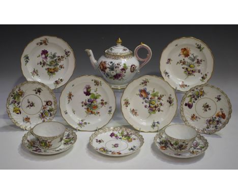 A set of six outside factory painted Meissen porcelain plates, late 19th century, with floral bouquets and gilt sprigs beneat