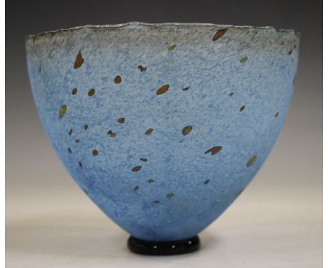 A Kosta Boda Artist's Collection glass bowl, 1980s, designed by Bertil Vallien, of U-shape, the mottled blue frosted body wit