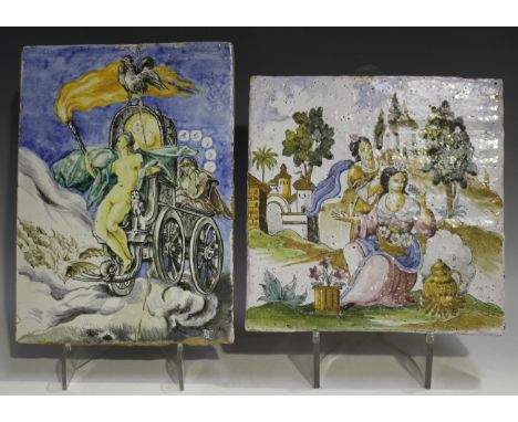 A Continental tin glazed earthenware rectangular panel, probably Italian, late 19th century, painted with a female depiction 