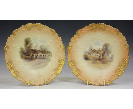 A Royal Worcester blush ivory cabinet plate, circa 1901, painted by J. Stinton, signed, with a titled view 'Birthplace of Sha