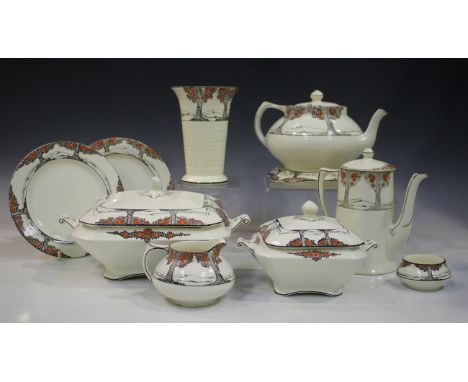 A small group of Crown Ducal Orange Tree pattern tablewares, including a teapot, cover and stand, a hot water pot and cover, 