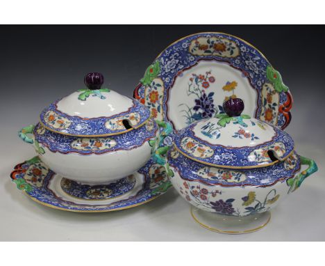 A Minton's Japanese pattern part service, early 20th century, comprising two soup tureens, covers and stands, two sauce turee