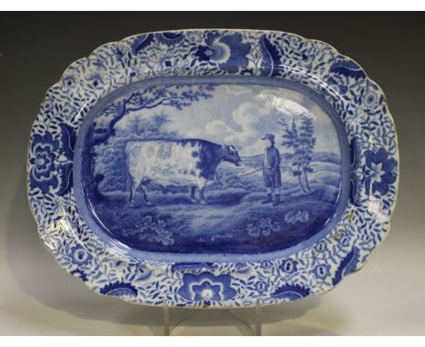 A blue printed Durham Ox rectangular meat platter, first half 19th century, decorated with the bull standing beside his owner
