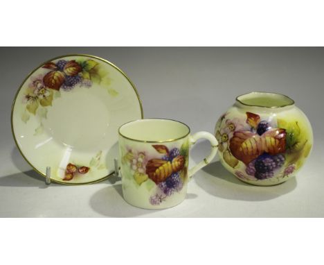 A Royal Worcester porcelain coffee can and saucer, circa 1952, painted by Michelin Miller, signed, with blackberries and leav