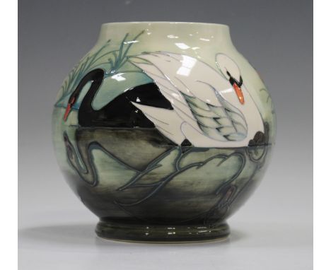 A limited edition Moorcroft Swan pattern vase, circa 1992, designed by Sally Tuffin, painted and impressed marks, including '