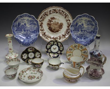 A mixed group of English pottery and porcelain, mostly 19th century, including a brown printed plate commemorating "Viscount 