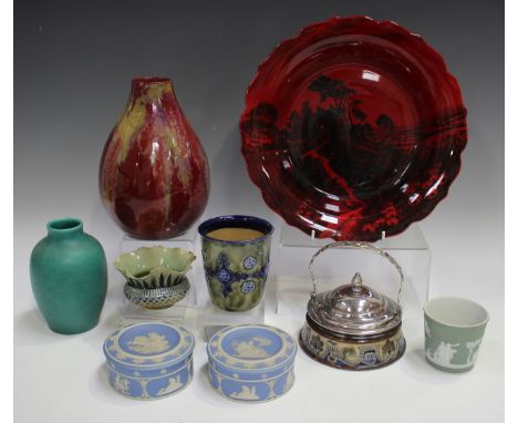 A small group of decorative ceramics, including a Royal Doulton flambé vase, early 20th century, height 21cm, a Royal Doulton