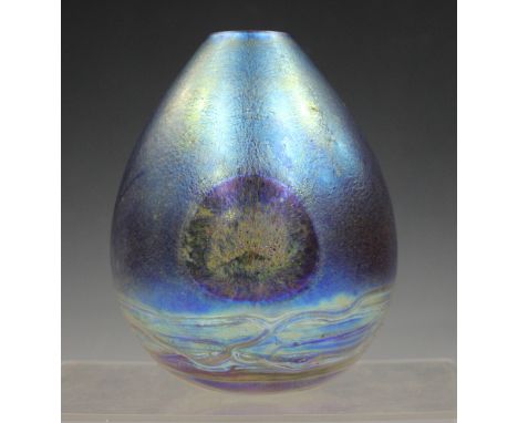 A Siddy Langley iridescent glass vase, dated 1995, decorated with two circular motifs above a band of trails, engraved marks 