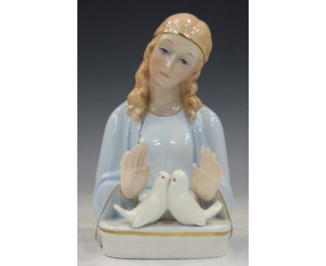 An Italian pottery model of the Madonna by Giovanni Ronzan, mid-20th century, the half-length bust modelled with her holding 