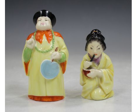 Two Royal Worcester candle snuffers, Mandarin, circa 1953, and Japanese Girl, circa 1956, black printed factory marks, togeth