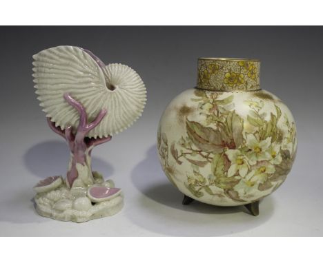 A Royal Worcester iridescent nautilus shell, circa 1870, with pink coral stem and pink interior, impressed mark to base, heig