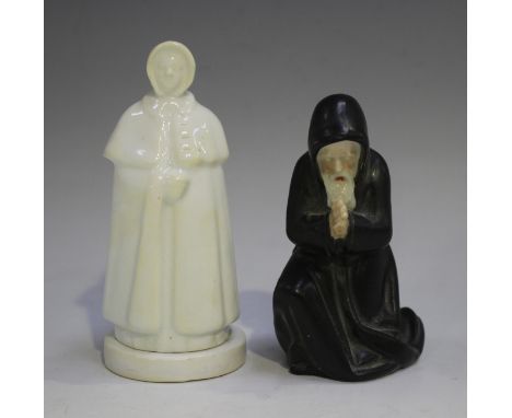 A Worcester porcelain kneeling Friar candle snuffer, circa 1860, green printed factory mark, height 10cm (glued repair to han
