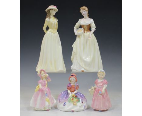 Five Royal Doulton figures, including Maid of Meadow, HN4316, and Summer Stroll, HN4406, together with a pair of white glazed