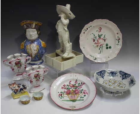 A group of Continental faience and pottery, 19th century and later, including a pair of tulip vases, each with three aperture