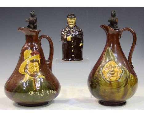 A pair of Royal Doulton Kingsware Dewar's Scotch Whisky flasks or jugs, the first depicting Ben Jonson (sic), the second the 