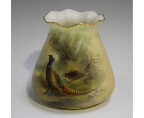 A Royal Worcester blush ivory vase, circa 1914, of tapered shape with crimped rim, painted by Jas Stinton, signed, with two p