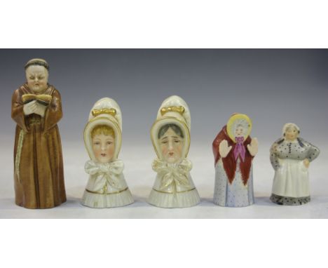 Five Royal Worcester candle snuffers, comprising the pair Young Girl and Old Lady, circa 1882, Monk, circa 1893, Granny Snow,