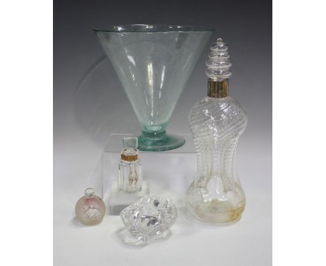 A silver mounted clear glass Kuttrolf decanter and stopper, Birmingham 1905 by John Grinsell &amp; Sons, height 34cm (minor c