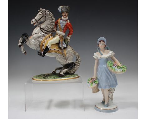 A Capodimonte equestrian military figure, early 20th century, the rearing dappled horse with a uniformed rider, blue crowned 