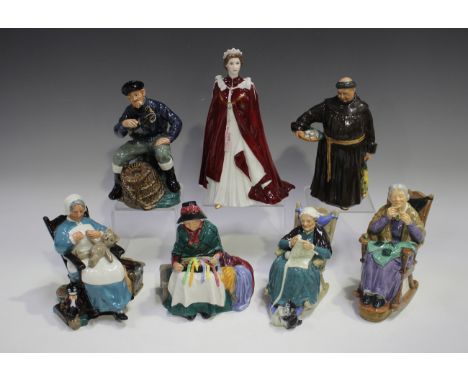 A Royal Worcester figure of the Queen in celebration of her 80th birthday, boxed, together with six Royal Doulton figures, co