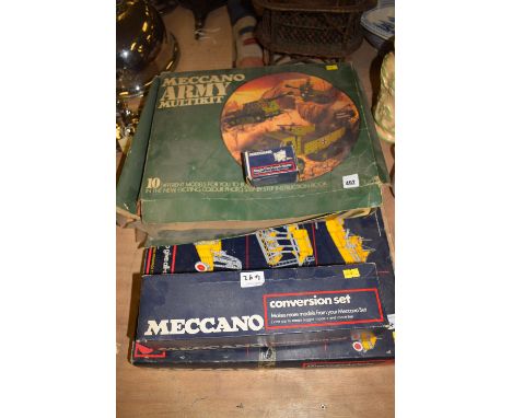 A Meccano conversation set, and a 550 parts box set; together with a Meccano army multi-kit, all boxed. (3)