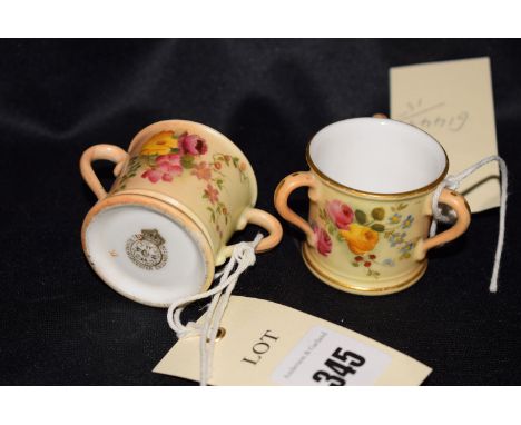 Royal Worcester blushed ivory miniatures, to include: a jug; and a two-handled mug, decorated with hand painted floral design