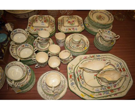 A Spode 'Chinese Rose' pattern part dinner and tea service to include: meat plates, dinner plates, tureens, tea cups and sauc