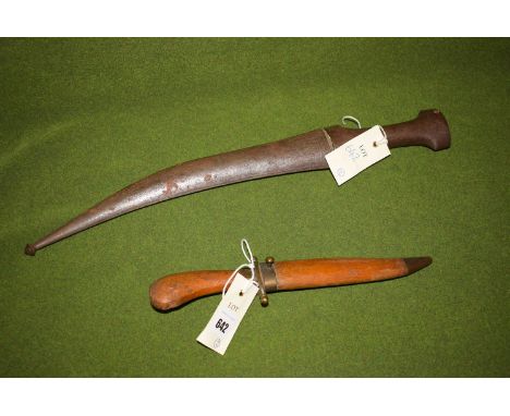 A 19th Century Indo-Persian khanjar, engraved blade, niello work to scabbard and hilt; together with a sheath knife.  (2)