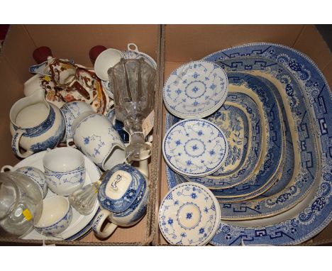 A collection of five blue and white 'Willow' pattern meat plates; Danish blue and white part coffee set; 19th Century decante