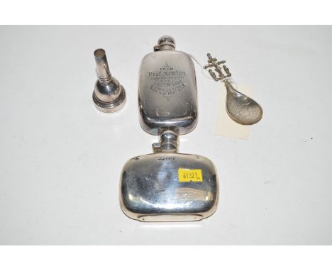 A small silver hip flask, by James Deakin & Sons; a Dutch silver caddy spoon; a plated hip flask; and a brass instrument mout