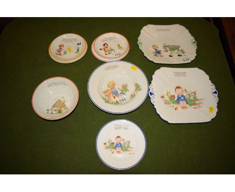 A small collection of Shelley dishes, plates, saucers and bowls after a design by Mabel Lucie Atwell.  (8)
