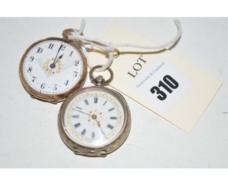 A 9ct. gold cased fob watch with white enamel arabic dial; together with a silver cased fob watch.