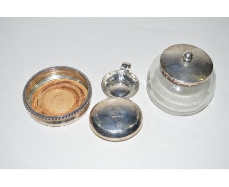 A glass preserve jar with silver cover; a German silver dish; a Continental silver wine taster; and an English silver snuff b