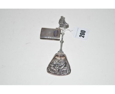 A Dutch silver sugar trowel; together with a blue enamel and silver mounted vesta.