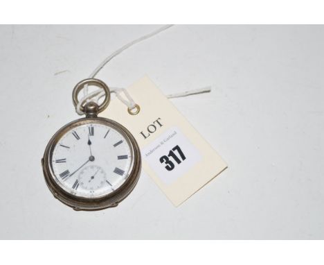 An open faced sliver cased pocket watch with white enamel roman dial.