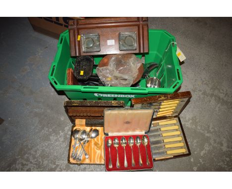 A set of kitchen scales and weights; four boxes of cutlery; two glass inkwells on mahogany stand; and five pieces of miscella