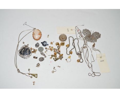 A quantity of costume jewellery, including: a cameo brooch; a Siam pendant on chain; various earrings; etc.