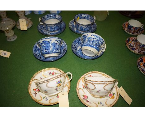 Four late 19th Century transfer printed cups and saucers decorated with a shepherd and shepherdess; together with two Contine