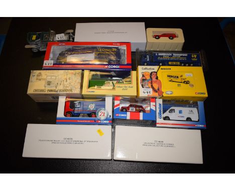 Corgi die-cast cars and trucks to include: a Mini Cooper, a Thorneycroft box van; a Renault Magnum C/S GMT wagon; together wi