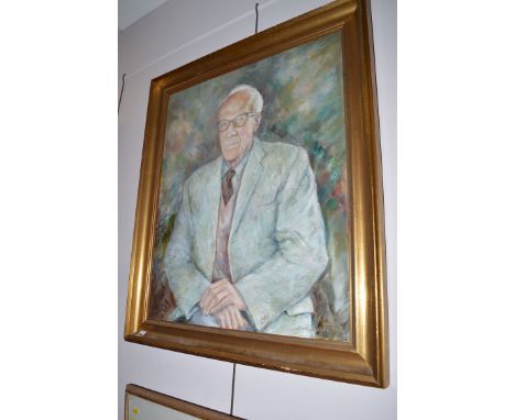 An oil painting, by Xanthe White - portrait of a gentleman in blue blazer, signed and dated 1970.