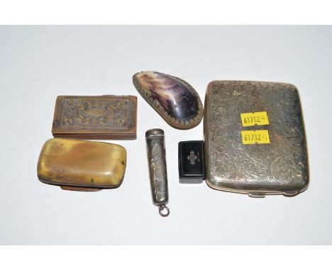 A silver cigarette case; a horn snuff box; various other snuff boxes; and a cheroot holder in case.