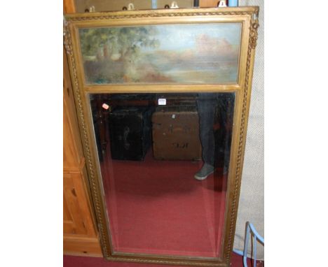 A gilt framed French bevelled rectangular wall mirror, having landscape scene oil on board to upper inset panel, 140 x 77cm